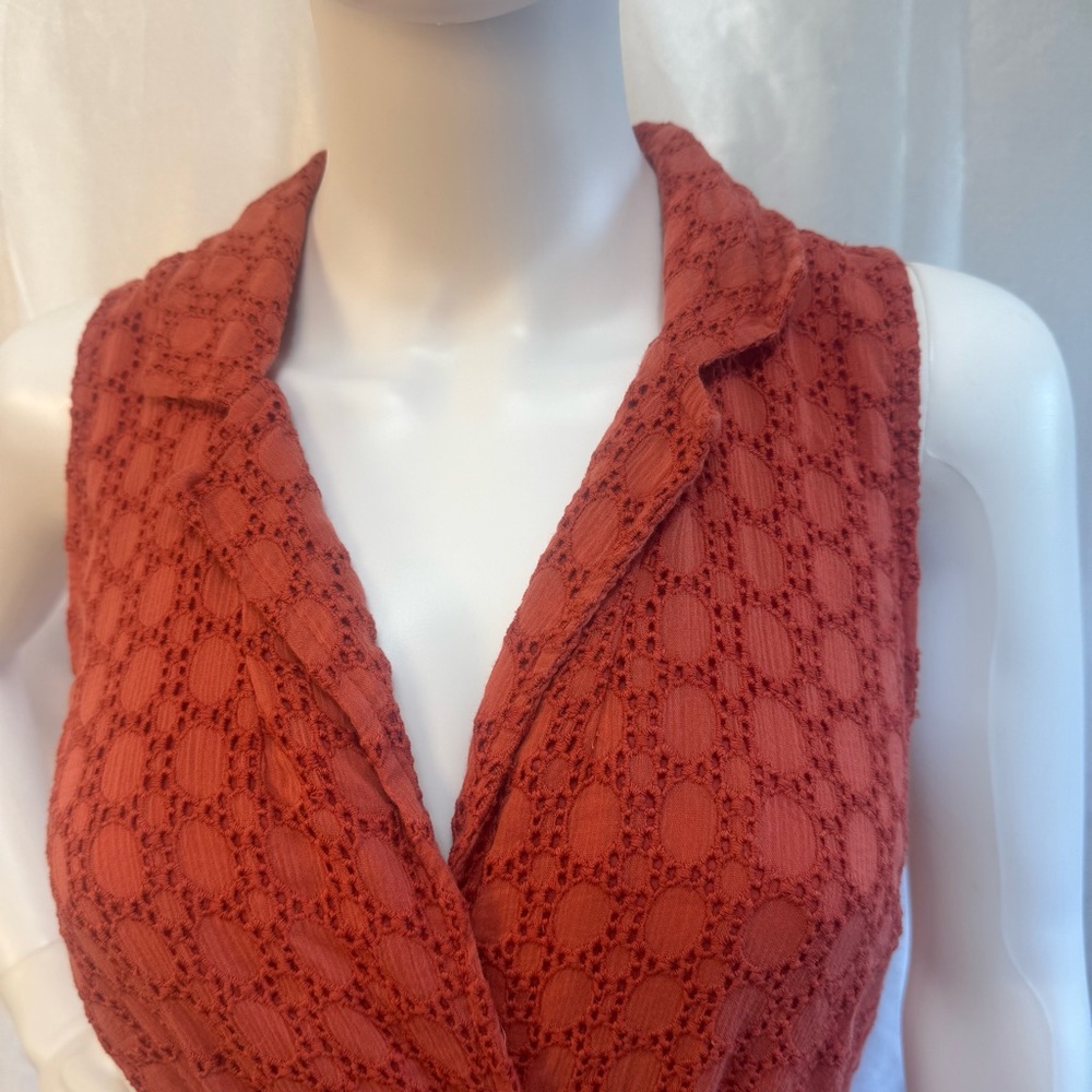 Anthropologie Elm Burnt Rust Orange Lacy Eyelet Sleeveless Collared Midi Dress - Picture 2 of 14